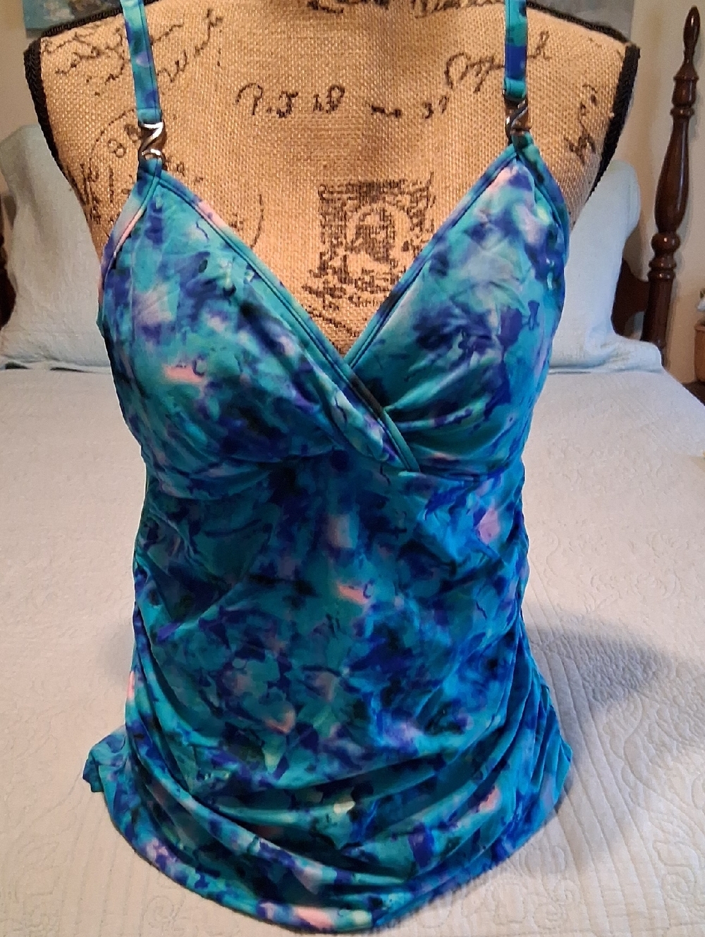 Women's Turquiose And Sapphire Tie-Dye Surplice Swim Top From Trimshaper